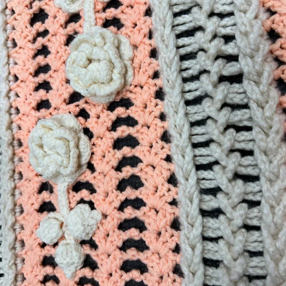 Crochet Throw Blanket 50x67 Peach Cream 3D Floral Rosette Fringe